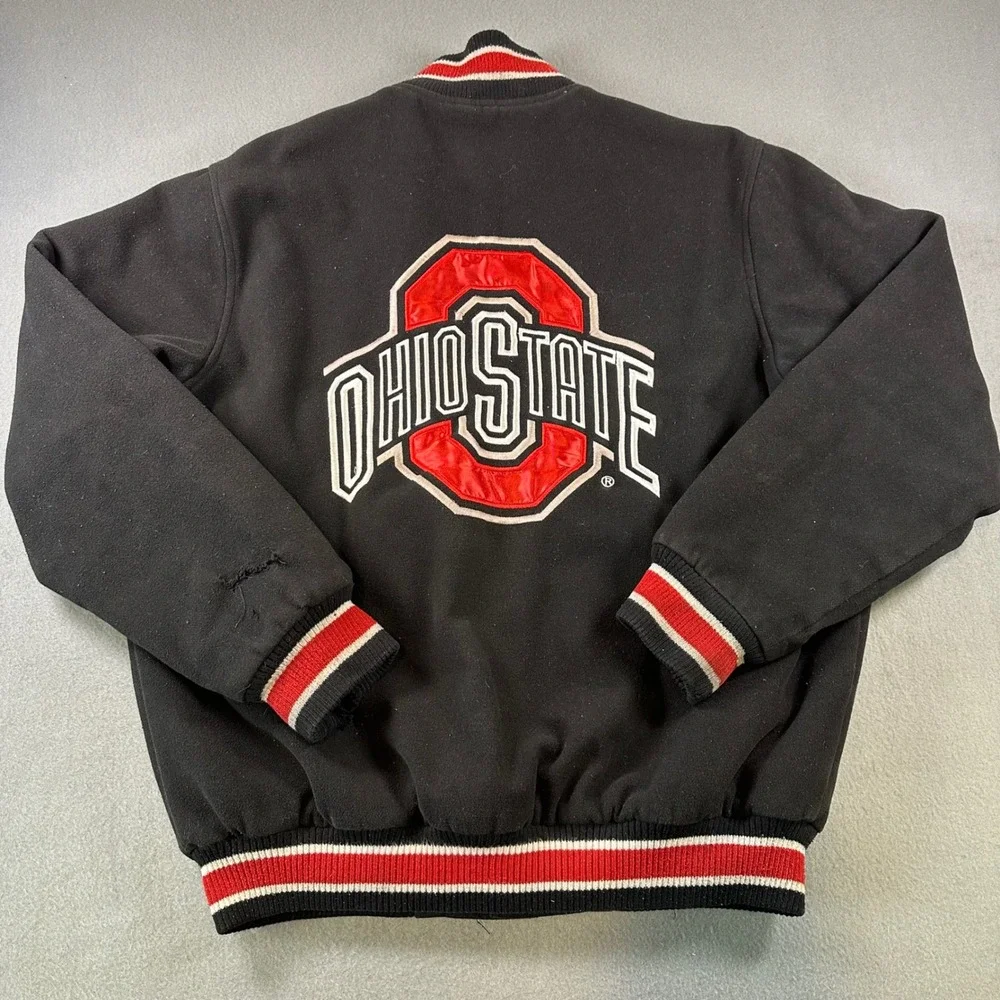 G-III Ohio State Buckeyes Varsity Bomber Jacket Mens Medium Black Red Wool Snap - Picture 9 of 9